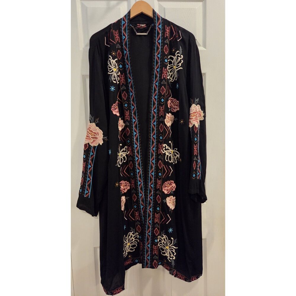 Paparazzi Embroidered Kimono Duster Women XL Black Floral Boho Viscose